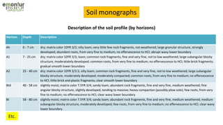Soil monographs
Horizon Depth Description
Ah 0 - 7 cm dry; matrix color 10YR 3/2; silty loam; very little few rock fragments, not weathered; large granular structure, strongly
developed; abundant roots, from very fine to medium; no effervescence to HCl; abrupt wavy lower boundary
A1 7 - 25 cm dry; matrix color 10YR 3/3; loam; common rock fragments, fine and very fine, not to low weathered; large subangular blocky
structure, moderatately developed; common roots, from very fine to medium; no effervescence to HCl; little brick fragments;
gradual smooth lower boundary
A2 25 - 40 cm dry; matrix color 10YR 3/3.5; silty loam; common rock fragments, fine and very fine, not to low weathered; large subangular
blocky structure, moderately developed; moderately compacted; common roots, from very fine to medium; no effervescence
to HCl; little brick and plastic fragments; clear smooth lower boundary
Btd 40 - 58 cm slightly moist; matrix color 7.5YR 3/4; sandy loam; abundant rock fragments, fine and very fine, medium weathered; fine
angular blocky structure, slightly developed, tending to massive; heavy compaction (possibly plow sole); few roots, from very
fine to medium; no effervescence to HCl; clear wavy lower boundary
Bt 58 - 80 cm slightly moist; matrix color 7.5YR 3/4; sandy loam; abundant rock fragments, fine and very fine, medium weathered; medium
subangular blocky structure, moderately developed; few roots, from very fine to medium; no effervescence to HCl; clear wavy
lower boundary
Description of the soil profile (by horizons)
Etc.
 