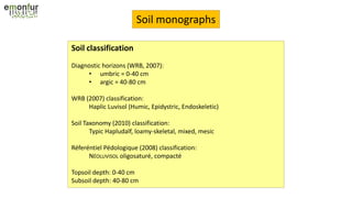 Soil monographs
Soil classification
Diagnostic horizons (WRB, 2007):
• umbric = 0-40 cm
• argic = 40-80 cm
WRB (2007) classification:
Haplic Luvisol (Humic, Epidystric, Endoskeletic)
Soil Taxonomy (2010) classification:
Typic Hapludalf, loamy-skeletal, mixed, mesic
Réferéntiel Pédologique (2008) classification:
NÉOLUVISOL oligosaturé, compacté
Topsoil depth: 0-40 cm
Subsoil depth: 40-80 cm
 