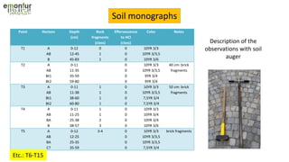 Soil monographs
Point Horizon Depth
(cm)
Rock
fragments
(class)
Effervescence
to HCl
(class)
Color Notes
T1 A
AB
B
0-12
12-45
45-83
0
1
1
0
0
0
10YR 3/3
10YR 3/3,5
10YR 3/6
T2 A
AB
Bt1
Bt2
0-11
11-35
35-59
59-80
0
0
0
0
10YR 3/3
10YR 3/3,5
9YR 3/4
9YR 3/4
40 cm: brick
fragments
T3 A
AB
Bt1
Bt2
0-11
11-38
38-60
60-80
1
1
1
1
0
0
0
0
10YR 3/3
10YR 3/3,5
7,5YR 3/4
7,5YR 3/4
50 cm: brick
fragments
T4 A
AB
BA
B
0-11
11-25
25-38
38-57
1
1
2
3
0
0
0
0
10YR 3/3
10YR 3/4
10YR 3/4
10YR 3/6
T5 A
AB
BA
C?
0-12
12-25
25-35
35-59
3-4 0
0
0
0
10YR 3/3
10YR 3/3,5
10YR 3/3,5
7,5YR 3/4
brick fragments
Etc.: T6-T15
Description of the
observations with soil
auger
 