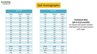 Soil monographs
Analytical data
(pH in H2O and KCl)
for topsoil and subsoil samples
collected from the observations
with auger
pH in H2O pH in KCl
Punto Topsoil Subsoil Punto Topsoil Subsoil
T3 5,1 5,3 T3 4,1 4,2
T4 5,2 5,3 T4 4,2 4,3
T5 5,6 5,5 T5 4,5 4,3
T6 5,2 5,4 T6 4,2 4,3
T7 5,4 5,4 T7 4,2 4,2
T8 5,0 5,3 T8 3,9 4,1
T9 5,1 5,0 T9 4,0 3,9
T10 5,0 5,3 T10 4,0 4,1
T11 5,0 5,3 T11 4,0 4,2
T12 5,2 5,3 T12 4,1 4,2
T13 4,9 5,1 T13 4,0 4,1
T14 5,1 5,3 T14 4,0 4,2
T15 5,0 5,2 T15 4,0 4,2
P 5,5 5,3 P 4,5 4,0
Mean 5,09 5,27 Mean 4,08 4,16
St. dev. 0,22 0,12 St. dev. 0,17 0,11
min. 4,8 5,0 min. 3,9 3,9
max. 5,6 5,5 max. 4,5 4,3
 
