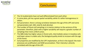 Conclusions
 The 14 studied plots have soil well differentiated from each other.
 In some plots, pH has a great spatial variability, while it’s rather homogeneous in
others.
 Soil parameters: there is strong correlation between the age of the UPF and some
soil parameters (pH, SOC, total N, bulk density).
 The number of future soil samplings is in inverse relation to the variance of the
parameter: therefore, plots with a higher variability will require a greater number of
samplings than more uniform areas.
 The QBS Index has higher values ​​in forest soils, intermediate values in meadow soils
and lower values in arable soils; the biological quality tends to increase with the age
of the forest.
 Soil properties are modified by the UPF implantation, at first in the topsoil: the main
processes are acidification and SOM accumulation. Their intensity is directly
correlated with the age of the UPF.
 