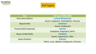 Soil types
Plot Soil type (WRB 2006)
Parco Nord Milano Luvisol (Phaeozem)
Humic, Epidystric, Endoskeletic, Chromic
Boscoincittà Umbrisol
Humic, Endoeutric
Foresta della Carpaneta Calcisol
Endopetric Hypocalcic Vertic
Bosco di Maristella Cambisol
Humic, Hypereutric, Siltic
Bosco Fontana Calcisol
Petric, Luvic, Skeletic, Endoarenic, Chromic
 