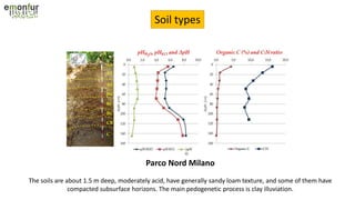 Soil types
Parco Nord Milano
The soils are about 1.5 m deep, moderately acid, have generally sandy loam texture, and some of them have
compacted subsurface horizons. The main pedogenetic process is clay illuviation.
 