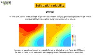 Soil spatial variability
Examples of topsoil and subsoil pH maps (referred to 1A study area in Parco Nord Milano):
for both of them, it can be noted a positive pH gradient from north-west to south-east.
pH maps
For each plot, topsoil and subsoil pH maps were obtained by applying geostatistic procedures: pH reveals
strong variability in some plots, but greater uniformity in others.
 