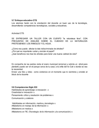 5.7 Enfoque educativo CTS
Los alumnos harán con la orientación del docente un buen uso de la tecnología,
desarrollando competencias tecnológicas, sociales y educativas.
Actividad CTS
SE ENTREGARÁ UN TALLER CON UN CUENTO "la naturaleza llora". CON
PREGUNTAS DE ANÁLISIS SOBRE EL CUIDADO DE LA NATURALEZA
PROTEGIENDO LOS ÁRBOLES Y EL AGUA.
¿Cómo nos puede afectar la tala indiscriminada de árboles?
¿Por qué es importante cuidar y reciclar el papel?
¿Qué beneficios nos trae los árboles para tener una buena calidad de vida?
En compañía de tus padres visita el vivero municipal (emsirva) y solicita un árbol para
plantarlo puede ser en el parque cerca de tu casa; a la orilla del río Cali o donde se vea
la necesidad.
Enviar una foto y vídeo como evidencia en el momento que lo siembres y envíalo al
block de la docente
5.8 Competencias Siglo XXI
Habilidades de aprendizaje e innovación x
Creatividad e innovación x
Pensamiento crítico y resolución de problemas x
Comunicación y colabora
Habilidades en información, medios y tecnología x
Alfabetismo en manejo de la información x
Alfabetismo en medios x
Alfabetismo en TIC (Tecnología de la información y la comunicación) x
 