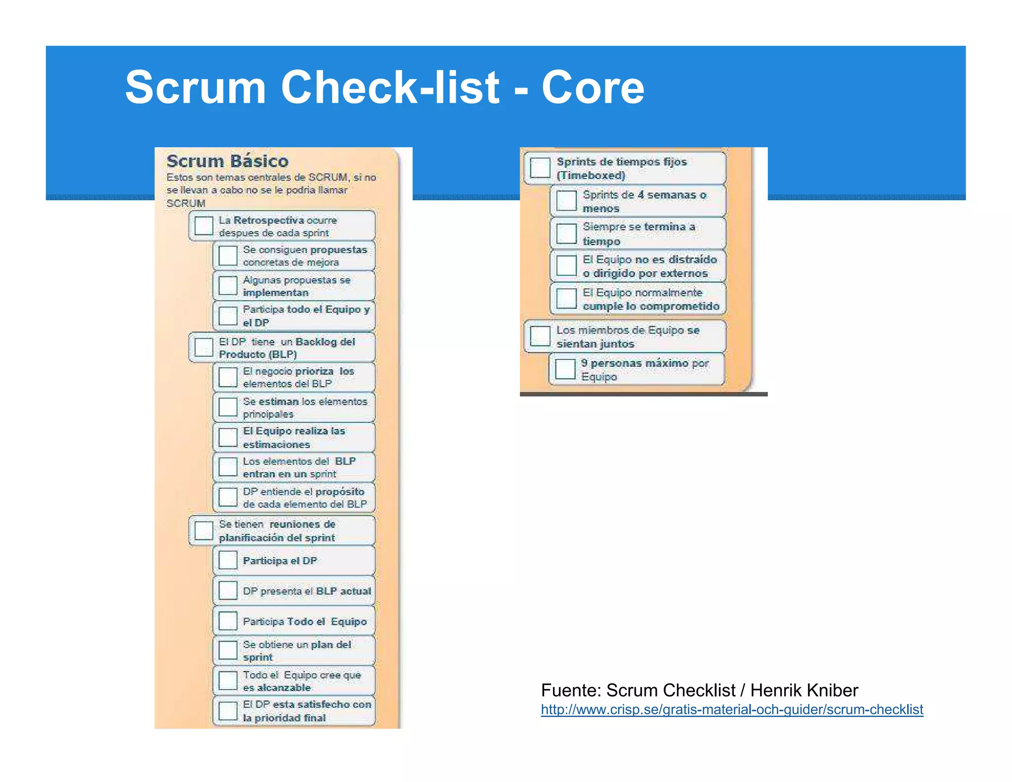 Scrum Check-list - Core




                  Fuente: Scrum Checklist / Henrik Kniber
                  http://www.crisp.se/gratis-material-och-guider/scrum-checklist
 