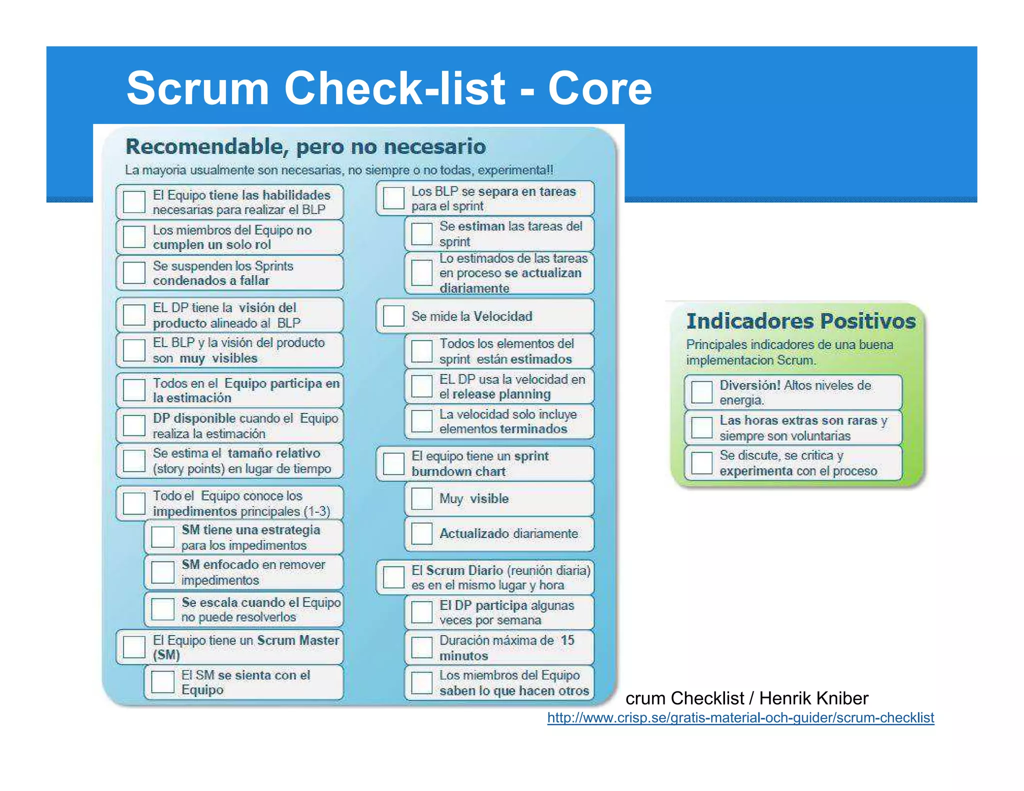 Scrum Check-list - Core




                  Fuente: Scrum Checklist / Henrik Kniber
                  http://www.crisp.se/gratis-material-och-guider/scrum-checklist
 