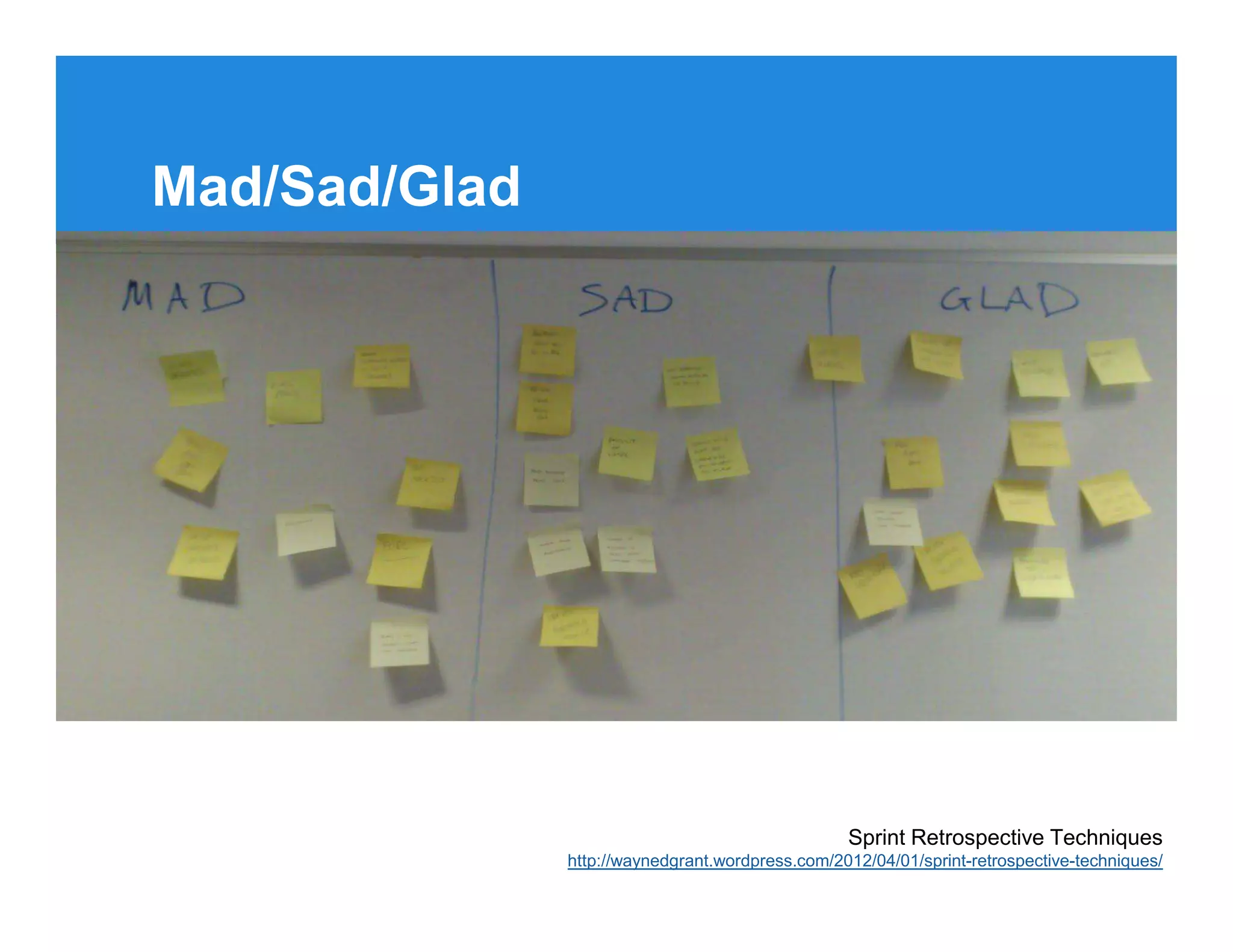 Mad/Sad/Glad




                                                  Sprint Retrospective Techniques
               http://waynedgrant.wordpress.com/2012/04/01/sprint-retrospective-techniques/
 