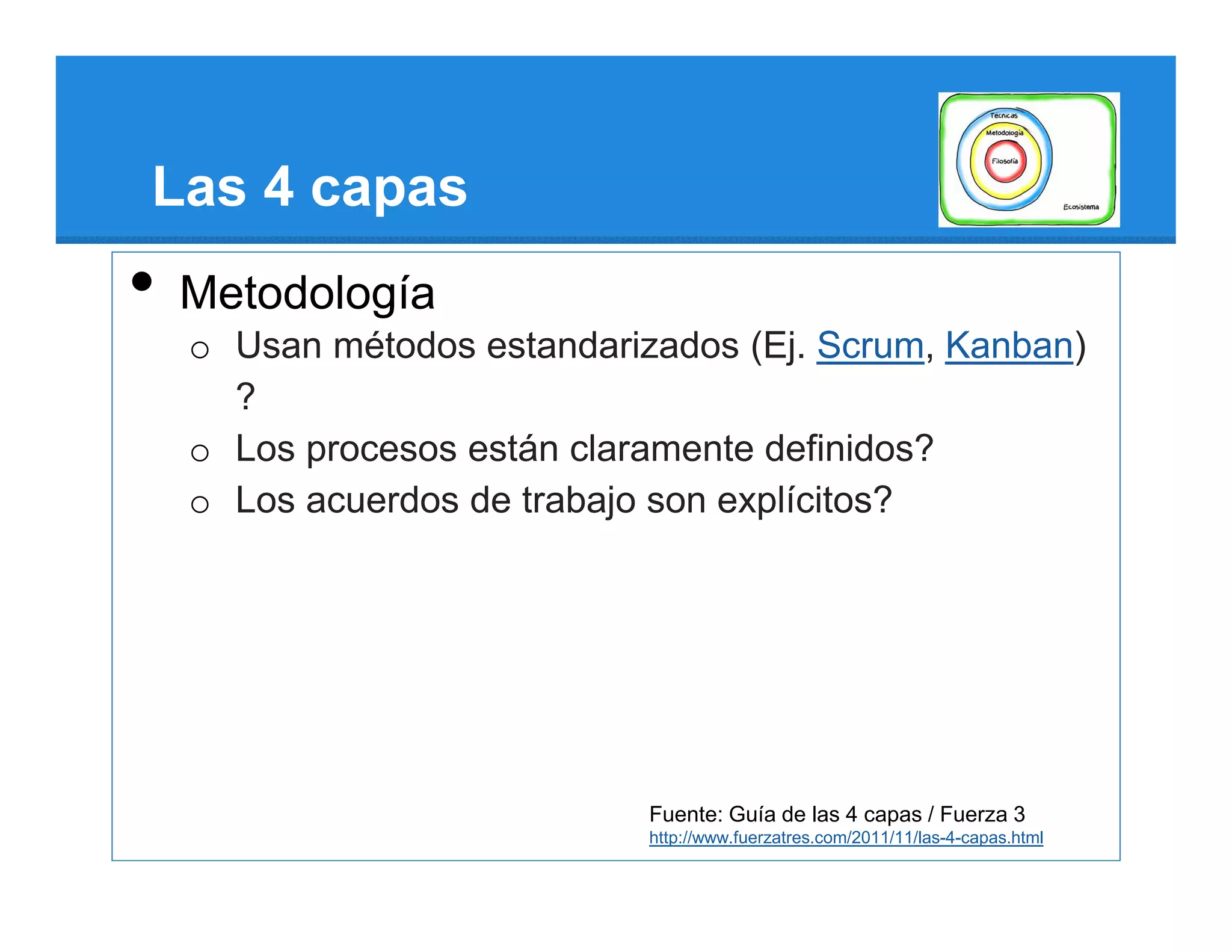 Las 4 capas
•   Metodología
    o Usan métodos estandarizados (Ej. Scrum, Kanban)
      ?
    o Los procesos están claramente definidos?
    o Los acuerdos de trabajo son explícitos?




                             Fuente: Guía de las 4 capas / Fuerza 3
                             http://www.fuerzatres.com/2011/11/las-4-capas.html
 