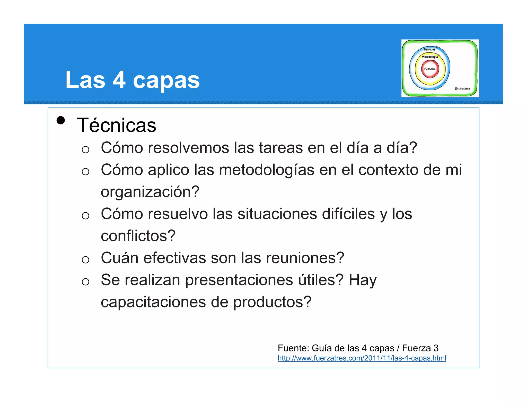 Las 4 capas
•   Técnicas
    o Cómo resolvemos las tareas en el día a día?
    o Cómo aplico las metodologías en el contexto de mi
      organización?
    o Cómo resuelvo las situaciones difíciles y los
      conflictos?
    o Cuán efectivas son las reuniones?
    o Se realizan presentaciones útiles? Hay
      capacitaciones de productos?

                              Fuente: Guía de las 4 capas / Fuerza 3
                              http://www.fuerzatres.com/2011/11/las-4-capas.html
 