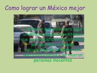 Como lograr un México mejor


       primero que nada para logar
      un México mejor necesitamos
     que ya no exista el narcotráfico
          por que haci evitamos
       encuentros de soldados con
      narcotraficantes y no mueran
           personas inocentes
 
