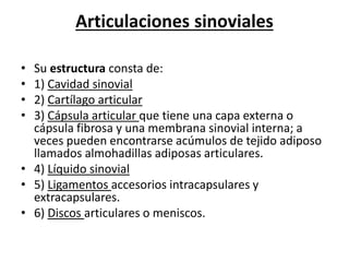 Articulaciones sinoviales
• Su estructura consta de:
• 1) Cavidad sinovial
• 2) Cartílago articular
• 3) Cápsula articular que tiene una capa externa o
cápsula fibrosa y una membrana sinovial interna; a
veces pueden encontrarse acúmulos de tejido adiposo
llamados almohadillas adiposas articulares.
• 4) Líquido sinovial
• 5) Ligamentos accesorios intracapsulares y
extracapsulares.
• 6) Discos articulares o meniscos.
 
