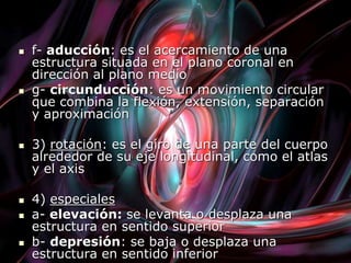  f- aducción: es el acercamiento de una
estructura situada en el plano coronal en
dirección al plano medio
 g- circunducción: es un movimiento circular
que combina la flexión, extensión, separación
y aproximación
 3) rotación: es el giro de una parte del cuerpo
alrededor de su eje longitudinal, como el atlas
y el axis
 4) especiales
 a- elevación: se levanta o desplaza una
estructura en sentido superior
 b- depresión: se baja o desplaza una
estructura en sentido inferior
 