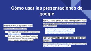 Cómo usar las presentaciones de
google
Paso 1: Crea una presentación
Para crear una presentación nueva:
1. Abre la pantall...