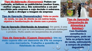 Tipo de Operação (Concursos): Podem ser
culturais, artísticos ou publicitários (melhor frase,
melhor slogan, etc.). São submetidos a um júri
escolhido pela empresa e cuja decisão é soberana.
Ajuda a divulgar a imagem da empresa
Tipo de Operação (Demonstração): Feita no ponto
de venda, na casa do cliente ou em outros locais,
objetiva a familiarização do cliente com o produto
Tipo de Operação
(Degustação de
Alimentos e
Bebidas):
Com finalidade
semelhante à
amostragem, pode ser
feita no próprio local
de venda, estimulando
a compra do produto
degustado
Tipo de Operação (Distribuição de Amostras): Em geral, é uma
forma de fazer com que os consumidores potenciais conheçam
o produto. Muito usado em lançamentos de produtos
Tipo de Operação (Cupom Desconto): Um ou
mais cupons dão um desconto de X% na compra
de uma mercadoria. Trabalha a questão da
fidelidade do cliente
 