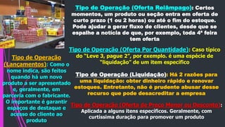 Tipo de Operação (Oferta Relâmpago): Certos
momentos, um produto ou seção entra em oferta de
curto prazo (1 ou 2 horas) ou até o fim do estoque.
Pode ajudar a gerar fluxo de clientes, desde que se
espalhe a notícia de que, por exemplo, toda 4ª feira
tem oferta
Tipo de Operação (Oferta Por Quantidade): Caso típico
do “Leve 3, pague 2”, por exemplo. é uma espécie de
“liquidação” de um item específico
Tipo de Operação
(Lançamentos): Como o
nome indica, são feitos
quando há um novo
produto a ser apresentado
e, geralmente, em
parceria com o fabricante.
O importante é garantir
espaços de destaque e
acesso do cliente ao
produto
Tipo de Operação (Liquidação): Há 2 razões para
uma liquidação: obter dinheiro rápido e renovar
estoques. Entretanto, não é prudente abusar desse
recurso que pode desacreditar a empresa
Tipo de Operação (Oferta de Preço Menor ou Desconto):
Aplicada a alguns itens específicos. Geralmente, com
curtíssima duração para promover um produto
 