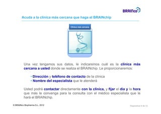 Acuda a la clínica más cercana que haga el BRAINchip

                                         Clínica más cercana




          Una vez tengamos sus datos, le indicaremos cuál es la clínica más
          cercana a usted donde se realiza el BRAINchip. Le proporcionaremos:
                                                      p     p p

                • Dirección y teléfono de contacto de la clínica
                • Nombre del especialista que le atenderá

          Usted podrá contactar directamente con la clínica, y fijar el día y la hora
          que más le convenga para la consulta con el médico especialista que le
          hará el BRAINchip.

© BRAINco Biopharma S.L. 2012                                                 Diapositiva 6 de 15
 