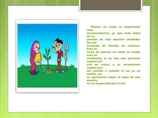  Plantar un árbol, es importante 
esta 
recomendación, ya que todo árbol 
en su 
período de vida absorbe alrededor 
de una 
tonelada de dióxido de carbono. 
Pero la 
tarea de plantar un árbol no acaba 
solo en 
sembrarlo, si no hay que procurar 
regarlo sin 
eso no crece, y se recomienda 
regarlo por 
las noches o cuando el sol ya se 
oculto, así 
se aprovecha mejor el agua de esa 
manera 
no es evaporada por el sol. 
 