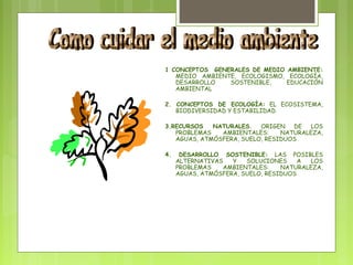 1 CONCEPTOS GENERALES DE MEDIO AMBIENTE: 
MEDIO AMBIENTE, ECOLOGISMO, ECOLOGÍA, 
DESARROLLO SOSTENIBLE, EDUCACIÓN 
AMBIENTAL 
2. CONCEPTOS DE ECOLOGÍA: EL ECOSISTEMA, 
BIODIVERSIDAD Y ESTABILIDAD 
3.RECURSOS NATURALES. ORIGEN DE LOS 
PROBLEMAS AMBIENTALES: NATURALEZA, 
AGUAS, ATMÓSFERA, SUELO, RESIDUOS 
4. DESARROLLO SOSTENIBLE: LAS POSIBLES 
ALTERNATIVAS Y SOLUCIONES A LOS 
PROBLEMAS AMBIENTALES: NATURALEZA, 
AGUAS, ATMÓSFERA, SUELO, RESIDUOS 
 