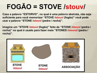 Caso a palavra “ESTORVO”, no qual é uma palavra abstrata, não seja
suficiente para você memorizar “STOVE /stouv/ (fogão)” você pode
usar a palavra “STONE /stoun/ (pedra / rocha)”.
Imagine um “STOVE /stouv/ (fogão)” feito de “STONE /stoun/ (pedra /
rocha)” no qual é usado para fazer mais “STONES /stounz/ (pedra /
rocha)”.
STOVE
/stouv/ ASSOCIAÇÃO
STONE
/stoun/
FOGÃO = STOVE /stouv/
 