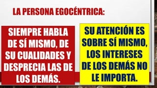 LA PERSONA EGOCÉNTRICA:
SIEMPRE HABLA
DE SÍ MISMO, DE
SU CUALIDADES Y
DESPRECIA LAS DE
LOS DEMÁS.
SU ATENCIÓN ES
SOBRE SÍ MISMO,
LOS INTERESES
DE LOS DEMÁS NO
LE IMPORTA.