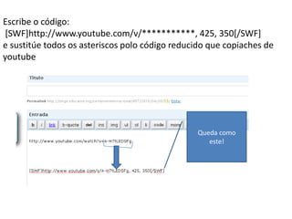 Escribe o código: [SWF]http://www.youtube.com/v/***********, 425, 350[/SWF] e sustitúe todos os asteriscos polo código reducido que copiaches de youtubeQueda como este!