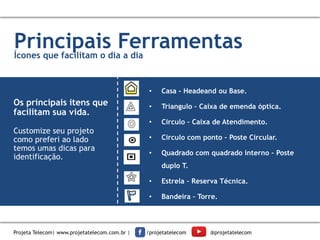Insira seus
dados.
Principais FerramentasÍcones que facilitam o dia a dia
• Casa - Headeand ou Base.
• Triangulo – Caixa de emenda óptica.
• Circulo – Caixa de Atendimento.
• Circulo com ponto – Poste Circular.
• Quadrado com quadrado interno – Poste
duplo T.
• Estrela – Reserva Técnica.
• Bandeira – Torre.
Os principais itens que
facilitam sua vida.
Customize seu projeto
como preferi ao lado
temos umas dicas para
identificação.
Projeta Telecom| www.projetatelecom.com.br | /projetatelecom @projetatelecom
 