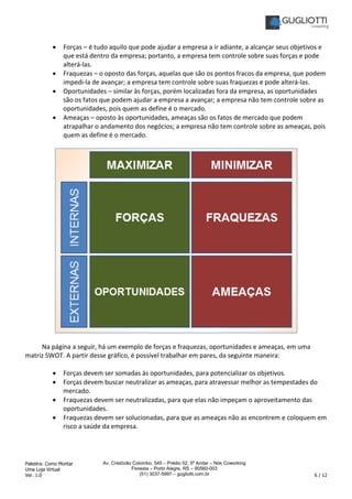 Palestra: Como Montar
Uma Loja Virtual
Ver. 1.0 6 / 12
Av. Cristóvão Colombo, 545 – Prédio 02, 5º Andar – Nós Coworking
Floresta – Porto Alegre, RS – 90560-003
(51) 3037-5997 – gugliotti.com.br
• Forças – é tudo aquilo que pode ajudar a empresa a ir adiante, a alcançar seus objetivos e
que está dentro da empresa; portanto, a empresa tem controle sobre suas forças e pode
alterá-las.
• Fraquezas – o oposto das forças, aquelas que são os pontos fracos da empresa, que podem
impedi-la de avançar; a empresa tem controle sobre suas fraquezas e pode alterá-las.
• Oportunidades – similar às forças, porém localizadas fora da empresa, as oportunidades
são os fatos que podem ajudar a empresa a avançar; a empresa não tem controle sobre as
oportunidades, pois quem as define é o mercado.
• Ameaças – oposto às oportunidades, ameaças são os fatos de mercado que podem
atrapalhar o andamento dos negócios; a empresa não tem controle sobre as ameaças, pois
quem as define é o mercado.
Na página a seguir, há um exemplo de forças e fraquezas, oportunidades e ameaças, em uma
matriz SWOT. A partir desse gráfico, é possível trabalhar em pares, da seguinte maneira:
• Forças devem ser somadas às oportunidades, para potencializar os objetivos.
• Forças devem buscar neutralizar as ameaças, para atravessar melhor as tempestades do
mercado.
• Fraquezas devem ser neutralizadas, para que elas não impeçam o aproveitamento das
oportunidades.
• Fraquezas devem ser solucionadas, para que as ameaças não as encontrem e coloquem em
risco a saúde da empresa.
 