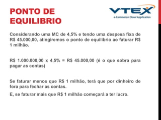 PONTO DE
EQUILIBRIO
Considerando uma MC de 4,5% e tendo uma despesa fixa de
R$ 45.000,00, atingiremos o ponto de equilibrio ao faturar R$
1 milhão.
R$ 1.000.000,00 x 4,5% = R$ 45.000,00 (é o que sobra para
pagar as contas)
Se faturar menos que R$ 1 milhão, terá que por dinheiro de
fora para fechar as contas.
E, se faturar mais que R$ 1 milhão começará a ter lucro.
 