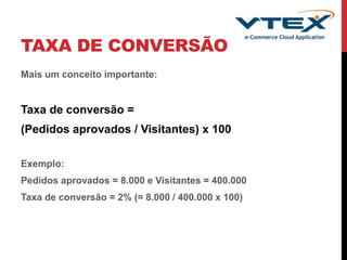 TAXA DE CONVERSÃO
Mais um conceito importante:
Taxa de conversão =
(Pedidos aprovados / Visitantes) x 100
Exemplo:
Pedidos aprovados = 8.000 e Visitantes = 400.000
Taxa de conversão = 2% (= 8.000 / 400.000 x 100)
 