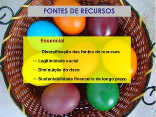 Essencial
Diversificação das fontes de recursos
— Legitimidade social
— Diminuição do risco
— Sustentabilidade financeira de longo prazo
FONTES DE RECURSOS
 