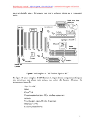 Sua Oficina Virtual – http://waytech.sites.uol.com.br – analfabetismo digital nunca mais.
--------------------------------------------------------------------------------------------------------------
deve ser ajustado, através de jumpers, para gerar a voltagem interna que o processador
exige.
Figura 1.8 - Uma placa de CPU Pentium II padrão ATX
Na figura 1.8 temos uma placa de CPU Pentium II. Alguns de seus componentes são iguais
aos encontrados nas placas mais antigas, mas outros são bastante diferentes. Os
componentes iguais são:
• Slots ISA e PCI
• BIOS
• Chips VLSI
• Conectores das interfaces IDE e interface para drivers
• Jumpers
• Conexões para o painel frontal do gabinete
• Bateria do CMOS
• Soquetes para memórias
11
 