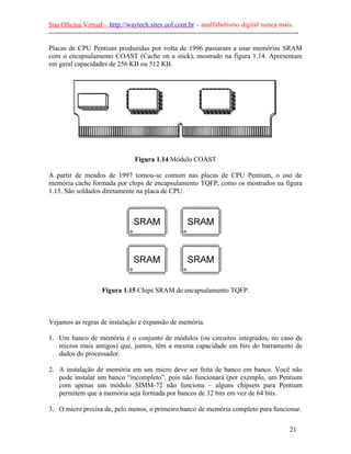 Sua Oficina Virtual – http://waytech.sites.uol.com.br – analfabetismo digital nunca mais.
--------------------------------------------------------------------------------------------------------------
Placas de CPU Pentium produzidas por volta de 1996 passaram a usar memórias SRAM
com o encapsulamento COAST (Cache on a stick), mostrado na figura 1.14. Apresentam
em geral capacidades de 256 KB ou 512 KB.
Figura 1.14 Módulo COAST
A partir de meados de 1997 tornou-se comum nas placas de CPU Pentium, o uso de
memória cache formada por chips de encapsulamento TQFP, como os mostrados na figura
1.15. São soldados diretamente na placa de CPU.
Figura 1.15 Chips SRAM de encapsulamento TQFP.
Vejamos as regras de instalação e expansão de memória.
1. Um banco de memória é o conjunto de módulos (ou circuitos integrados, no caso de
micros mais antigos) que, juntos, têm a mesma capacidade em bits do barramento de
dados do processador.
2. A instalação de memória em um micro deve ser feita de banco em banco. Você não
pode instalar um banco “incompleto”, pois não funcionará (por exemplo, um Pentium
com apenas um módulo SIMM-72 não funciona – alguns chipsets para Pentium
permitem que a memória seja formada por bancos de 32 bits em vez de 64 bits.
3. O micro precisa de, pelo menos, o primeiro banco de memória completo para funcionar.
21
 
