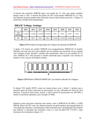 Sua Oficina Virtual – http://waytech.sites.uol.com.br – analfabetismo digital nunca mais.
--------------------------------------------------------------------------------------------------------------
A maioria das memórias SDRAM opera com tensão de 3,3 volts, mas alguns modelos
antigos usam 5 volts. A maioria das placas de CPU aceita apenas SDRAMs de 3,3 volts,
mas algumas possuem jumpers para selecionar entre as duas tensões possíveis. A figura 3.9
mostra um exemplo desta programação.
Figura 3.9 Exemplo de programação da voltagem de operação da SDRAM.
A figura 3.10 mostra um módulo SDRAM com encapsulamento DIMM/168. O chanfro
indicado com uma seta serve para impedir que um módulo seja encaixado em um soquete
com voltagem errada. Quando o chanfro está centralizado, trata-se de um módulo de 3,3
volts. Módulos de 5 volts possuem o chanfro deslocado para a esquerda. Este sistema de
chanfros evita o encaixe de módulos errados.
Figura 3.10 Módulos SDRAM DIMM/168 e seu chanfro indicador de voltagem.
O chipset VIA Apollo MVP3, usado em muitas placas com o Socket 7, permite que a
memória opere de forma assíncrona ao processador, ou seja, utilizando um clock de valor
diferente. É possível desta forma, manter o clock externo do processador em 100 MHz e
manter as memórias operando a, por exemplo, 66 MHz.
Podemos assim aproveitar memórias mais lentas, como a SDRAM de 66 MHz e a EDO
DRAM. Placas de CPU com este chipset possuem em geral jumpers para programação da
velocidade das memórias. Encontraremos então instruções para a programação dos jumpers
que definem a velocidade das memórias, como é o caso da placa FIC VA-503+, cujas
instruções são mostradas na figura 3.11.
59
 