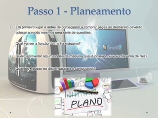 Passo 1 - Planeamento
• Em primeiro lugar e antes de começarem a comprar peças ao desbarato deverão
colocar a vocês mesmos uma série de questões:
Qual vai ser a função da minha máquina?
• Quero aproveitar alguma coisa da máquina que já possuo, ou vou criar uma de raiz?
• Quantos € posso eu dispensar para o computador?
 