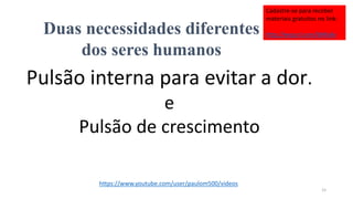 Duas necessidades diferentes
dos seres humanos
Pulsão interna para evitar a dor.
e
Pulsão de crescimento
15
https://www.youtube.com/user/paulom500/videos
Cadastre-se para receber
materiais gratuitos no link:
http://eepurl.com/bNfq4v
 