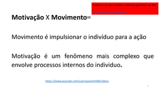 Motivação X Movimento=
Movimento é impulsionar o indivíduo para a ação
Motivação é um fenômeno mais complexo que
envolve processos internos do individuo.
2
https://www.youtube.com/user/paulom500/videos
Cadastre-se para receber materiais gratuitos no link:
http://eepurl.com/bNfq4v
 