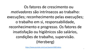 Os fatores de crescimento ou
motivadores são intrínsecos ao trabalho:
execuções; reconhecimento pelas execuções;
o trabalho em si, responsabilidade,
reconhecimento e progresso. Os fatores de
insatisfação ou higiênicos são salários,
condições de trabalho, supervisão.
(Herzberg)
9
https://www.youtube.com/user/paulom500/videos
 
