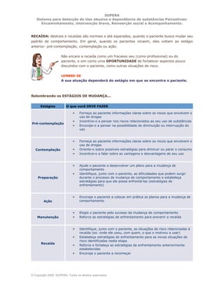 SUPERA
Sistema para detecção do Uso abusivo e dependência de substâncias Psicoativas:
Encaminhamento, intervenção breve, Reinserção social e Acompanhamento.
© Copyright 2006, SUPERA. Todos os direitos reservados
RECAÍDA: deslizes e recaídas são normais e até esperados, quando o paciente busca mudar seu
padrão de comportamento. Em geral, quando os pacientes recaem, eles voltam ao estágio
anterior: pré-contemplação, contemplação ou ação.
Não encare a recaída como um fracasso seu (como profissional) ou do
paciente, e sim como uma OPORTUNIDADE de fortalecer aspectos pouco
discutidos com o paciente, como outras situações de risco.
LEMBRE-SE
A sua atuação dependerá do estágio em que se encontra o paciente.
Relembrando os ESTÁGIOS DE MUDANÇA...
Estágios O que você DEVE FAZER
Pré-contemplação
• Forneça ao paciente informações claras sobre os riscos que envolvem o
uso de drogas
• Incentive-o a pensar nos riscos relacionados ao seu uso de substâncias
• Encoraje-o a pensar na possibilidade de diminuição ou interrupção do
uso
Contemplação
• Forneça ao paciente informações claras sobre os riscos que envolvem o
uso de drogas
• Oriente-o sobre possíveis estratégias para diminuir ou parar o consumo
• Incentive-o a falar sobre as vantagens e desvantagens de seu uso
Preparação
• Ajude o paciente a desenvolver um plano para a mudança de
comportamento
• Identifique, junto com o paciente, as dificuldades que podem surgir
durante o processo de mudança de comportamento e estabeleça
estratégias para que ele possa enfrentá-las (estratégias de
enfrentamento)
Ação
• Encoraje o paciente a colocar em prática os planos para a mudança de
comportamento
Manutenção
• Elogie o paciente pelo sucesso da mudança de comportamento
• Reforce as estratégias de enfrentamento para prevenir a recaída
Recaída
• Identifique, junto com o paciente, as situações de risco relacionadas à
recaída (ex: onde ele usou, com quem, o que o motivou a usar)
• Estabeleça estratégias de enfrentamento para as novas situações de
risco identificadas nesta etapa
• Reforce e fortaleça as estratégias de enfrentamento anteriormente
estabelecidas
• Encoraje o paciente a recomeçar
 