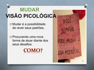 O Mudar é a possibilidade
de rever seus padrões.
O Procurando uma nova
forma de atuar diante dos
seus desafios.
11
 
