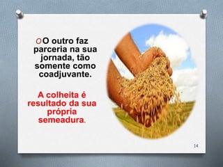 OO outro faz
parceria na sua
jornada, tão
somente como
coadjuvante.
A colheita é
resultado da sua
própria
semeadura.
14
 