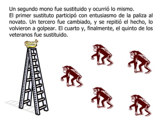 Un segundo mono fue sustituido y ocurrió lo mismo. El primer sustituto participó con entusiasmo de la paliza al novato. Un tercero fue cambiado, y se repitió el hecho, lo volvieron a golpear. El cuarto y, finalmente, el quinto de los veteranos fue sustituido. 