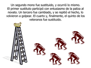 Un segundo mono fue sustituido, y ocurrió lo mismo. El primer sustituto participó con entusiasmo de la paliza al novato. Un tercero fue cambiado, y se repitió el hecho, lo volvieron a golpear. El cuarto y, finalmente, el quinto de los veteranos fue sustituido. 