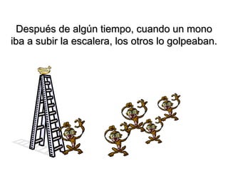 Después de algún tiempo, cuando un mono
iba a subir la escalera, los otros lo golpeaban.

 