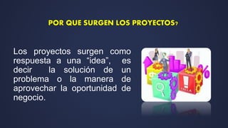 Los proyectos surgen como
respuesta a una “idea”, es
decir la solución de un
problema o la manera de
aprovechar la oportunidad de
negocio.
POR QUE SURGEN LOS PROYECTOS?
 