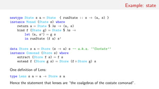 Example: state
newtype State s a = State { runState :: s → (a, s) }
instance Monad (State s) where
return a = State $ λs → (a, s)
bind f (State g) = State $ λs →
let (a, s’) = g s
in runState (f a) s’
data Store s a = Store (s → a) s -- a.k.a. ‘‘Costate’’
instance Comonad (Store s) where
extract (Store f s) = f s
extend f (Store g s) = Store (f ◦ Store g) s
One deﬁnition of Lens:
type Lens s a = a → Store s a
Hence the statement that lenses are “the coalgebras of the costate comonad”.
 