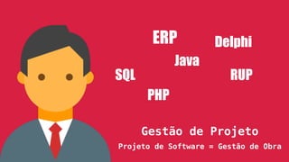 RUP
Gestão de Projeto
Projeto de Software = Gestão de Obra
ERP Delphi
SQL
PHP
Java
 