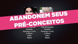 ABANDONEM SEUS 
PRÉ-1948 CONCEITOS 
1948 
Homem Homem 
Grã-Bretanha Grã-Bretanha 
Casado Casado 
Famoso e rico Famoso e rico 
2 filhos 
Cães 
Alpes 
2 filhos 
Cães 
Alpes 
 