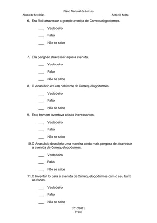 Plano Nacional de Leitura
Abada de histórias

António Mota

6. Era fácil atravessar a grande avenida de Correquelogodormes.
___

Verdadeiro

___

Falso

___

Não se sabe

7. Era perigoso atravessar aquela avenida.
___

Verdadeiro

___

Falso

___

Não se sabe

8. O Anastácio era um habitante de Correquelogodormes.
___

Verdadeiro

___

Falso

___

Não se sabe

9. Este homem inventava coisas interessantes.
___

Verdadeiro

___

Falso

___

Não se sabe

10.O Anastácio descobriu uma maneira ainda mais perigosa de atravessar
a avenida de Correquelogodormes.
___

Verdadeiro

___

Falso

___

Não se sabe

11.O Inventor foi para a avenida de Correquelogodormes com o seu burro
às riscas.
___

Verdadeiro

___

Falso

___

Não se sabe
2010/2011
3º ano

 