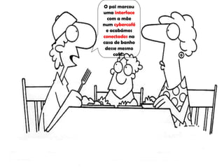 O pai marcou
uma interface
  com a mãe
num cybercafé
 e acabámos
conectados na
casa de banho
 desse mesmo
     café.
 